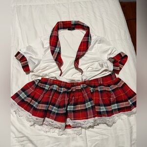 Red Plaid Skirt and White Top Set
